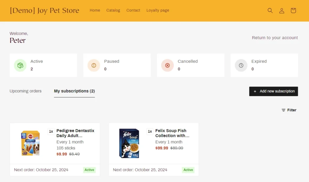 Customer subscription dashboard with active orders